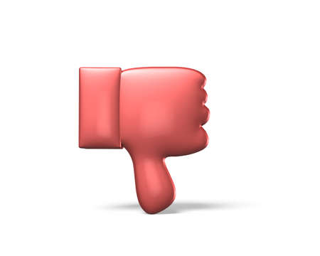 Red thumb down, 3D rendering, isolated on white.
