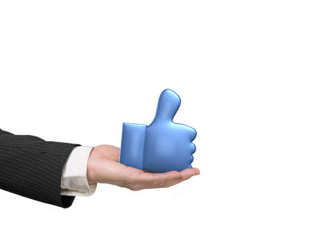 3D blue thumb up with man hand holding, isolated on white background.