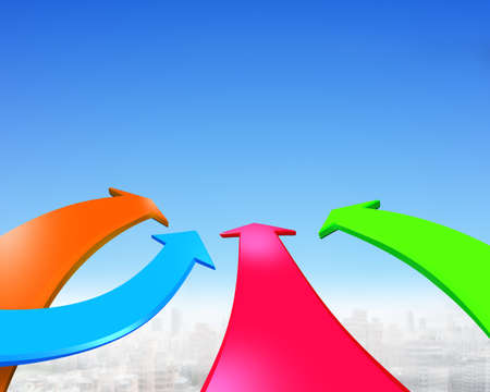 Four color arrows go forward in the blue sky background.の写真素材