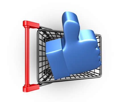 Blue thumb up in shopping cart, isolated on white background, high angle view, 3D rendering.