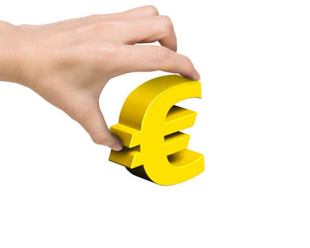 Woman hand holding golden Euro symbol, isolated on white background.の写真素材