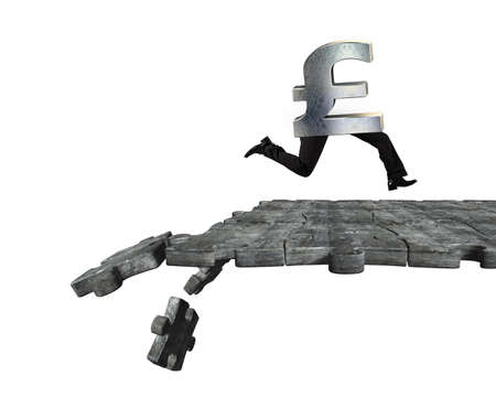 Pound symbol with human legs running on concrete puzzle ground with some pieces falling, isolated on white background.の写真素材