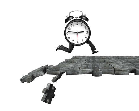 Alarm clock with human legs running on concrete puzzle ground with some pieces falling, isolated on...