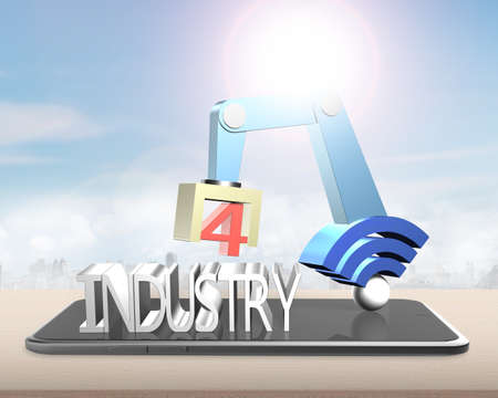 Industry 4.0 concept. 3D robot arm with wifi sign and text of industry 4.0, on the digital tablet.