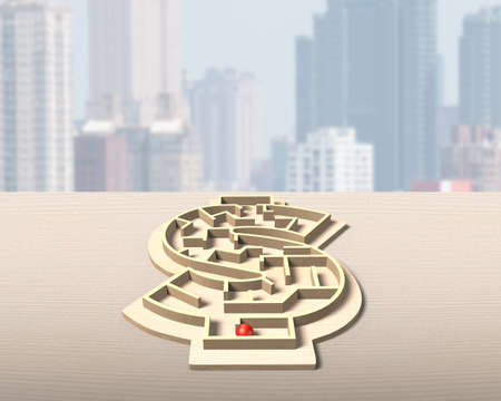 Maze ball game in money shape box on table, with city buildings background.の写真素材