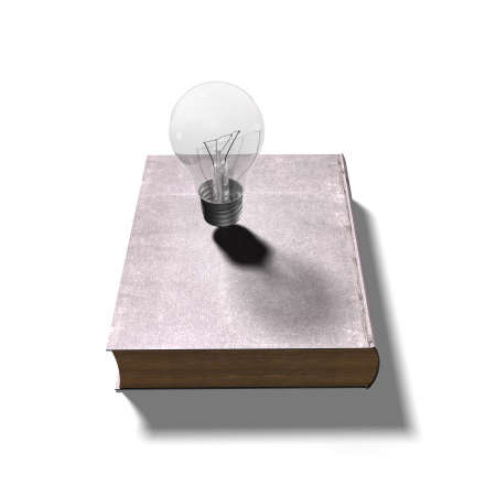 Light bulb on closed old book, isolated on white background, 3D illustration.