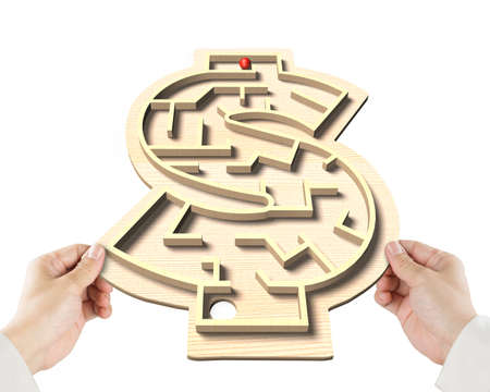 Playing maze ball game in money shape box, isolated on white.の写真素材