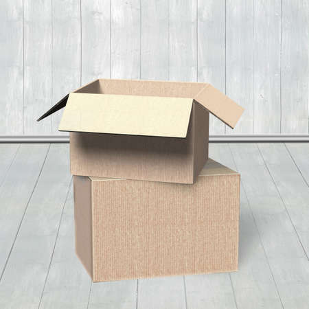 Stack of cardboard boxes, on wooden wall and floor indoors background.