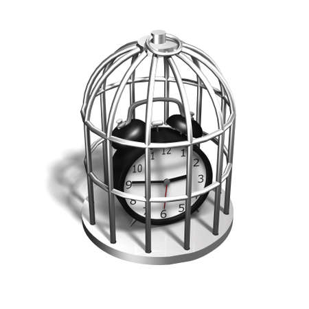 Alarm clock in the silver cage, isolated on white, 3D illustration