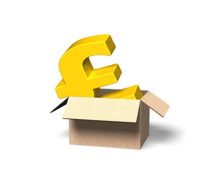 Golden pound sterling in opened cardboard box, isolated on white background, 3D illustration.