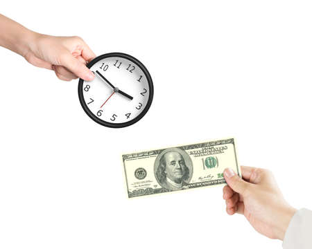 Buying time concept. Hand holding dollar banknote to buy clock from another hand holding, isolated...