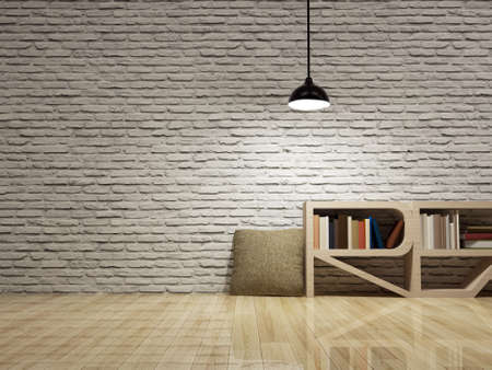 Ceiling lamp with pillow and bookcase on wooden floor bricks wallの写真素材