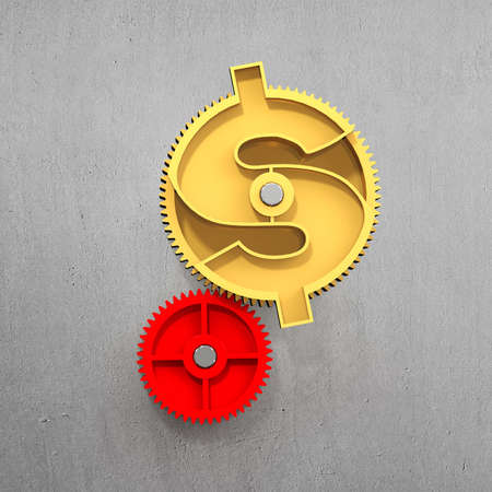 Golden gear in money shape on concrete wall background.の写真素材