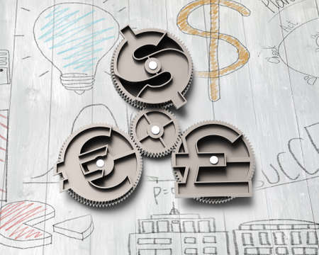 Gears with dollar sign, pound and euro symbol, on doodles wall background.の写真素材
