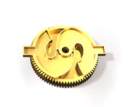 Golden gear in money shape, isolated on white background, top view, 3D illustration.の写真素材