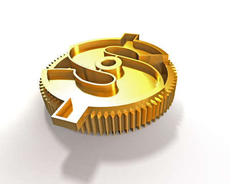 Gold gear in money shape, isolated on white background, 3D illustration.の写真素材