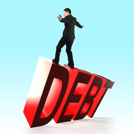 Man standing and balancing on 3D red DEBT word falling.