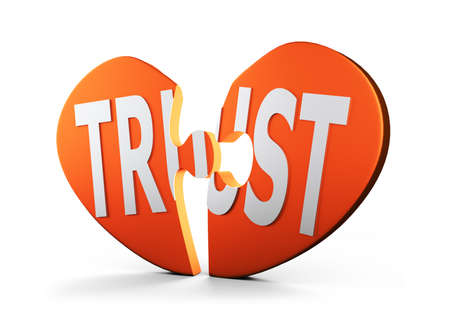 Heart shaped puzzle pieces with the word TRUST, isolated on white background, 3D illustration.の写真素材