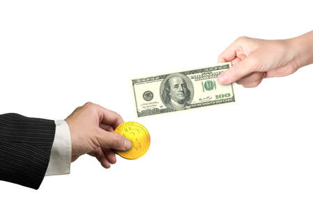 Female and male hands holding one hundred dollar bill and bitcoin for money exchange, isolated on...