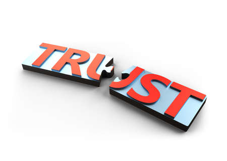 Puzzle pieces with red word TRUST, high angle view, isolated on white background, 3D illustration.の写真素材