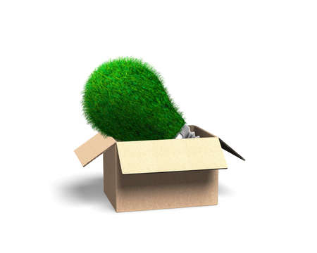 Lightbulb with green grass in the opened cardboard box, isolated on white background, concept of ECO and green energy, 3D illustrationの写真素材