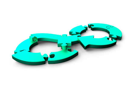 Circular economy concept. Green blue arrow infinity symbol of jigsaw puzzle separated in small pieces, isolated on white, 3D illustration.の写真素材