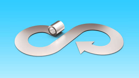 Circular economy concept. Gray metal roller and arrow infinity recycling symbol, isolated on blue...