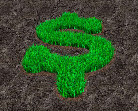 Green grass in dollar sign shape on dry cracked land background, ECO and circular economy concept.の写真素材