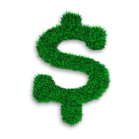 Green grass in dollar sign shape, isolated on white background, ECO and circular economy concept, 3D illustration.の写真素材
