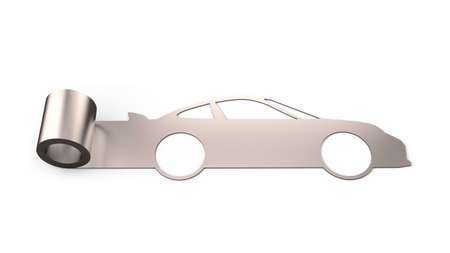 Metal roller sheet in sport car shape, isolated on white background, concept of energy saving, 3D illustration.の写真素材