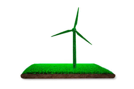 Concept of ECO, green energy and circular economy, green grass in wind turbine shape on grass land with mud, isolated on white background, 3D illustration.の写真素材