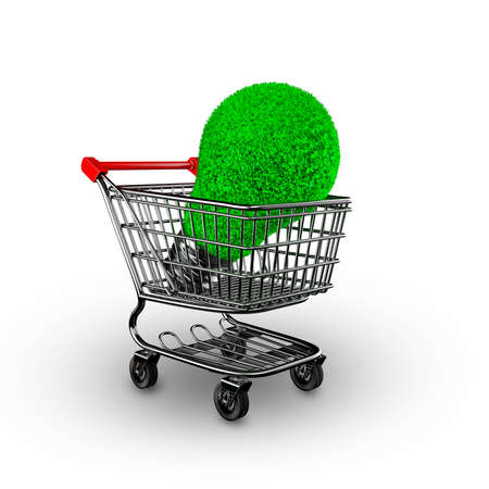 Concept of green energy, ECO and energy saving, light bulb with green grass in shopping cart, isolated on white background, 3D illustration.の写真素材