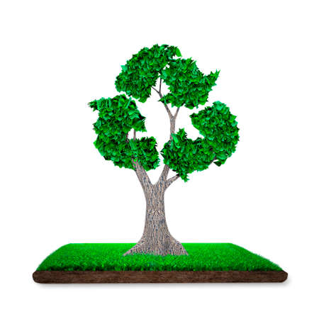 Concept of provide resource recovery, zero waste and green friendly technology, tree with green leaves in form of recycling symbol on meadow with mud, isolated on white background, 3D illustration.の写真素材