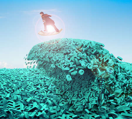 Big data driving concept. Surfing business man riding dollar bill surfboard on the tsunami wave of computer data, huge amount of numbers and letters, with sunlight blue sky background.の写真素材