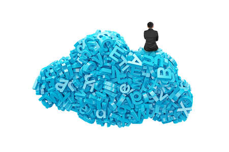 Big data and cloud computing concept. Rear view of businessman sitting on cloud of blue letters and...