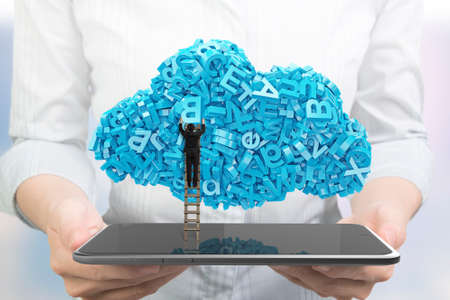 Big data and cloud computing concept. Woman hands holding digital tablet with businessman climbing wooden ladder to cloud of blue letters and numbers, front view.の写真素材