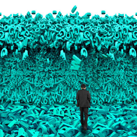 Big data concept. Rear view of businessman walking into a tsunami wave of computer data, huge amount of numbers and letters, on white background.の写真素材