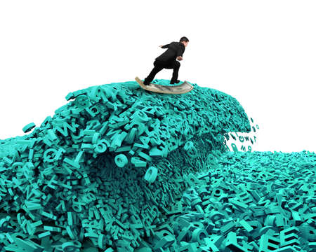 Big data driving concept. Surfing business man riding dollar bill surfboard on the tsunami wave of computer data, huge amount of numbers and letters, isolated on white background.の写真素材