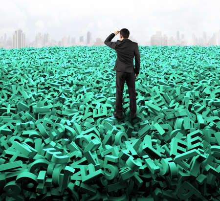 Big data concept - Businessman gazing into the horizon while standing among 3D letters and numbers.の写真素材
