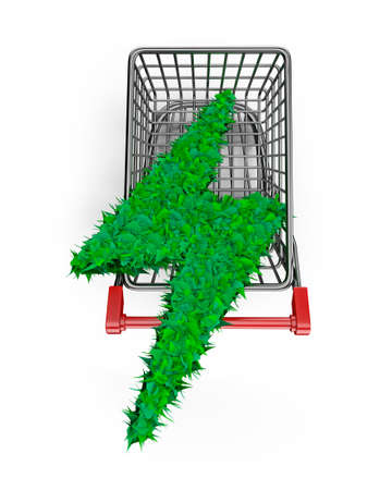 Concept of green energy supply and solution, leaves in lightning bolt shape in shopping cart, isolated on white background, top view, 3D illustration.の写真素材