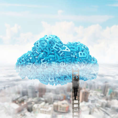 Big data and cloud computing concept.Businessman climbing wooden ladder to cloud of blue letters and numbers, on cloudy sky city buildings cityscape background.の写真素材