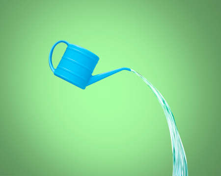 Blue watering can with falling water, isolated on green background.