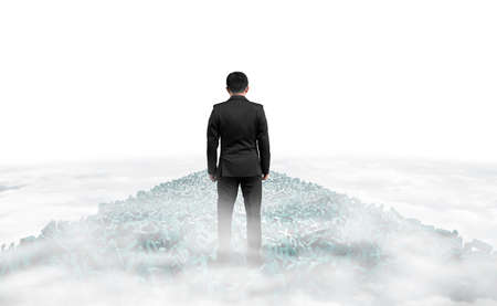 Big data highway concept. Rear view of businessman standing on the road of huge amount of green letters and numbers in the air above clouds background.の写真素材