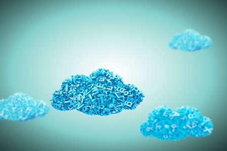 Big data and cloud computing concept. Blue clouds of 3d letters and numbers on blue-green...