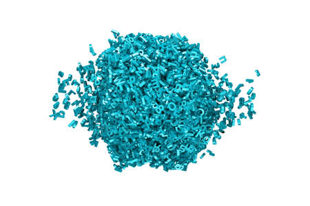 Big data and information explosion concept. Huge blue green letters and numbers gathering from two sides in ball shape, isolated on white background. 3D illustration.の写真素材