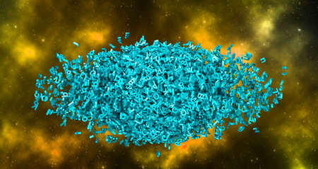 Big data and information explosion concept. Huge blue green letters and numbers gathering from two sides forming globe shape in the space. 3D illustration.の写真素材