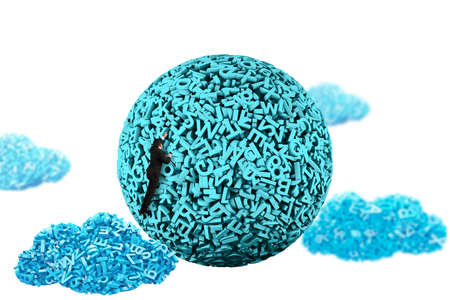 Big data concept. Business man climbing on blue green ball of huge amount 3d letters and numbers, with blue data clouds on white background.の写真素材