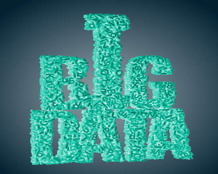Big data concept. Green 3D letters and numbers in BIG DATA words shape, isolated on dark blue background. 3D rendering.の写真素材