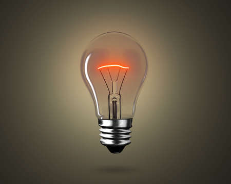 One lightbulb with red wire yellow light to illuminate dark background, 3D rendering.の写真素材