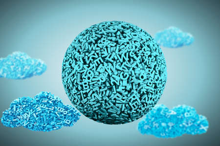 Big data concept. Huge amount 3d letters and numbers of blue green ball, with blue data clouds, 3D illustration.の写真素材
